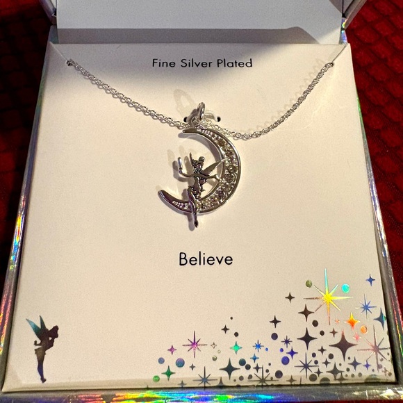 Walt Disney Jewelry - Disney Tinkerbell “Believe” Silver Plated Moon Necklace, NIB